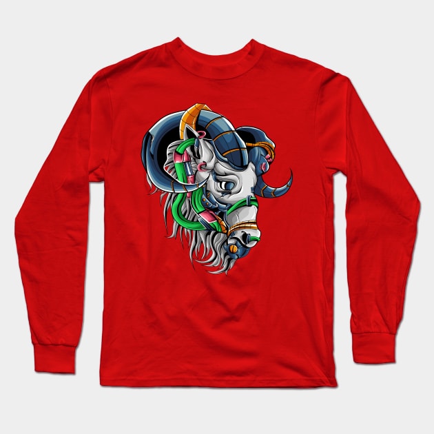 goat mecha head illustration Long Sleeve T-Shirt by Mako Design 